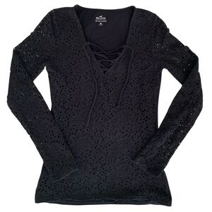 Hollister Lace-Up Must Have Top Lace Overlay Long Sleeves Blouse Black Women’s M